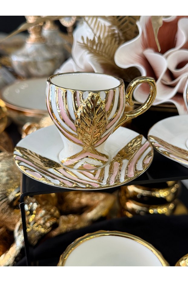 6-Piece Imported Hand-Painted Pink Colored Standing Coffee Cup Set 90 ml