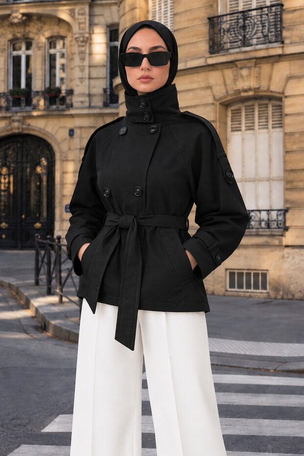 Belted and Buttoned Buttoned Stand Collar Short Trench Coat Tsd260339 Black