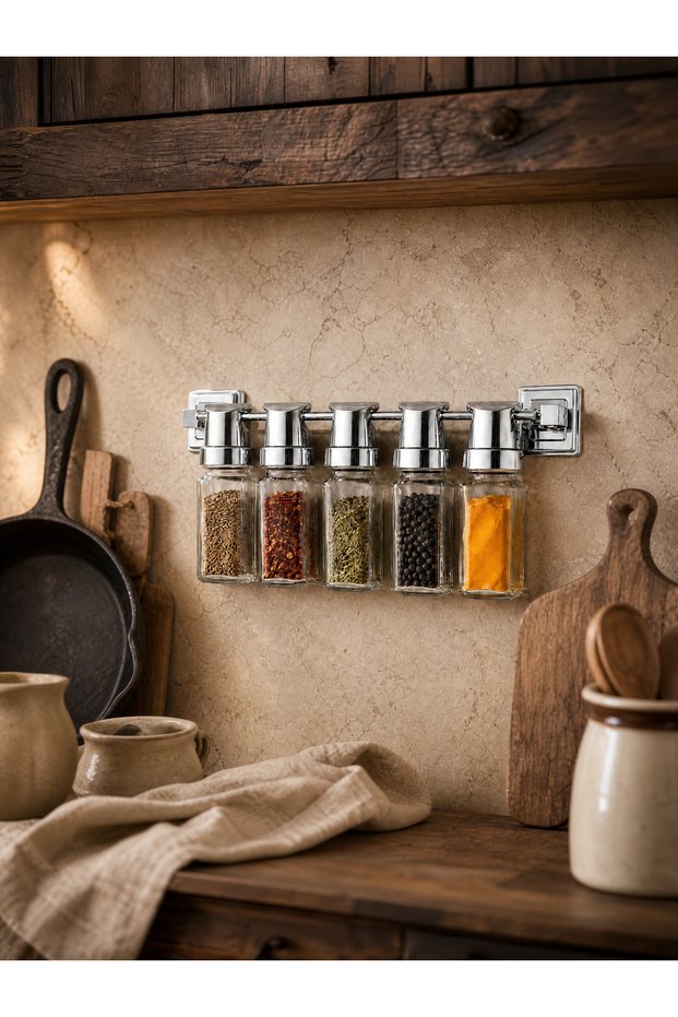 5-Piece Wall Mounted Glass Spice Rack Set with Metal Hanger Transparent Glass Spice Bottle Organizer Chrome