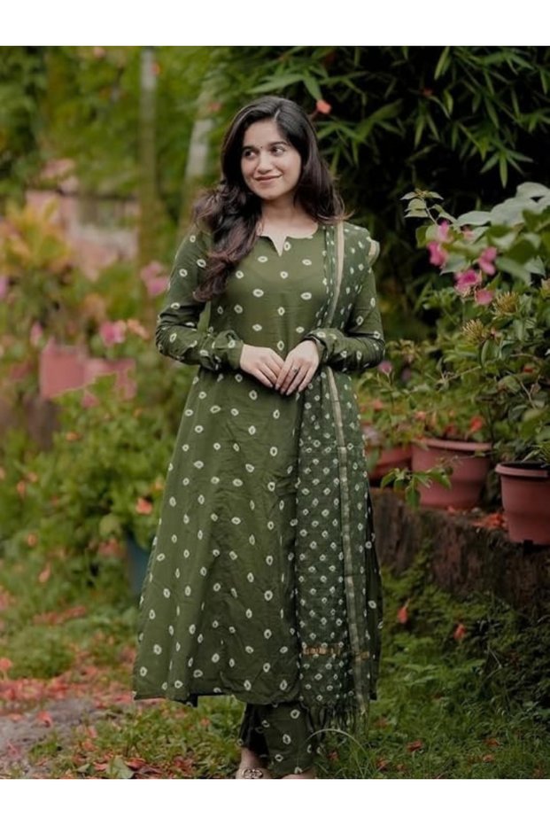 Olive Green Viscose Printed Anarkali Suit Set - ALV2212 | Olive Green- Size:M-38-Inches