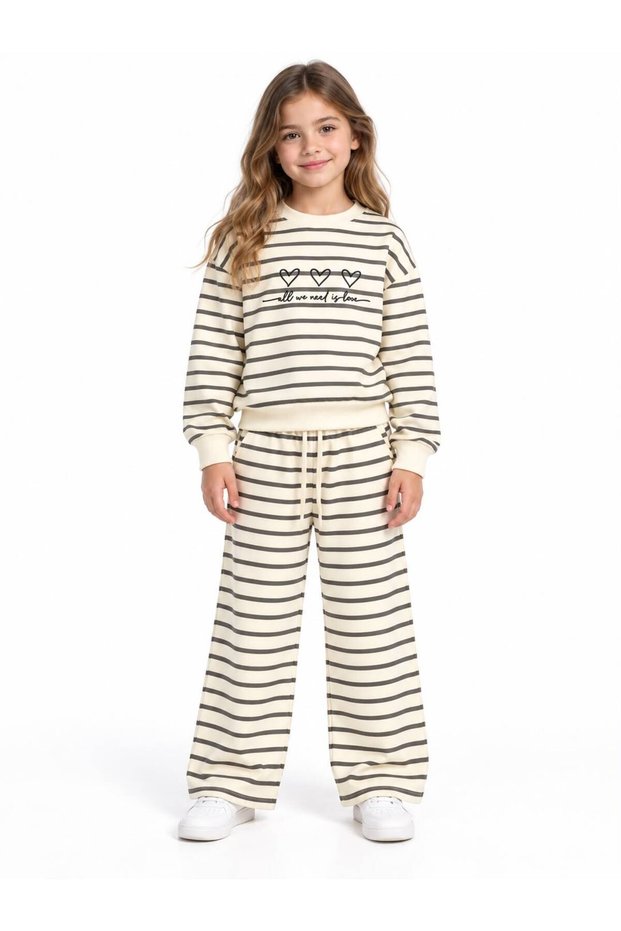 Girl's Striped Printed Sweatshirt and Loose Leg Pants Two-Piece Set