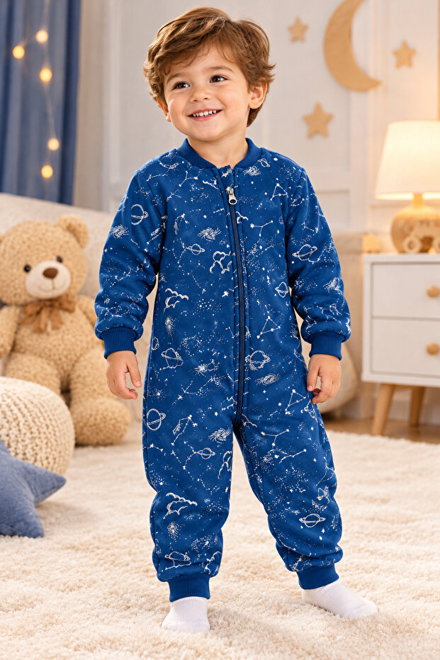 Melfa 2.5 Tog Baby & Child Sleeping Bag with Zipper, Combed Cotton Lining, Fiber Inside, Space Patterned Jumpsuit