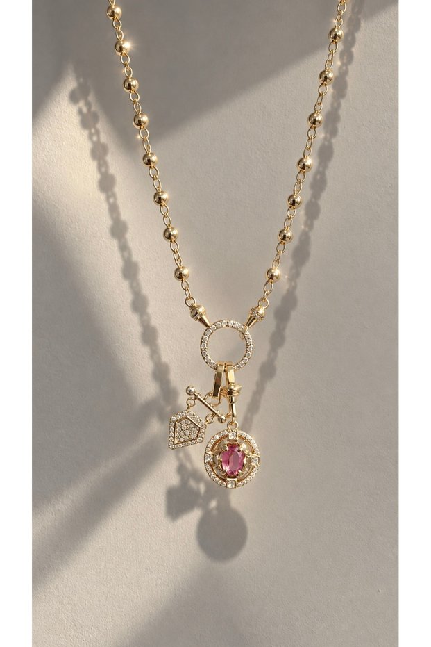 Pink Zircon Stone Detailed Charm Model Chain Necklace 40+5cm