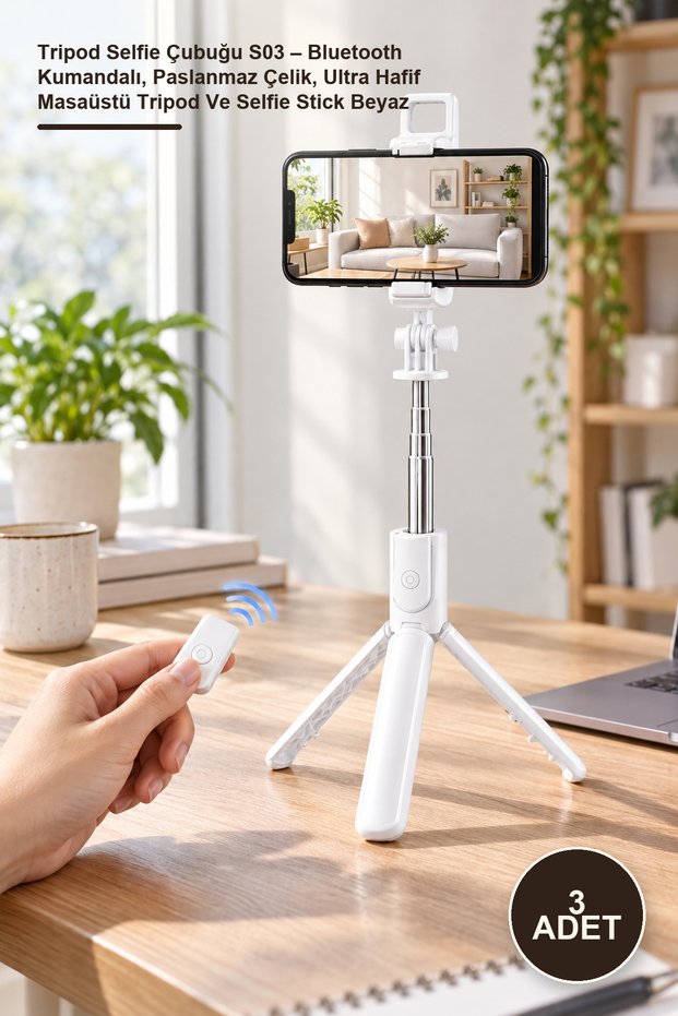 3 Pieces Tripod Selfie Stick S03 – Bluetooth Controlled, Stainless Steel, Ultra Light Desktop Tripod and Selfie Stick White