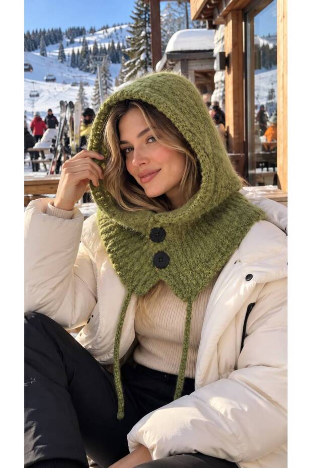 Green Soft Textured Wool Knitwear Buttoned Women's Balaclava Neck Collar