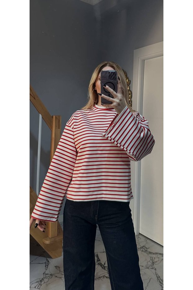 Women's Red Striped Crew Neck Blouse