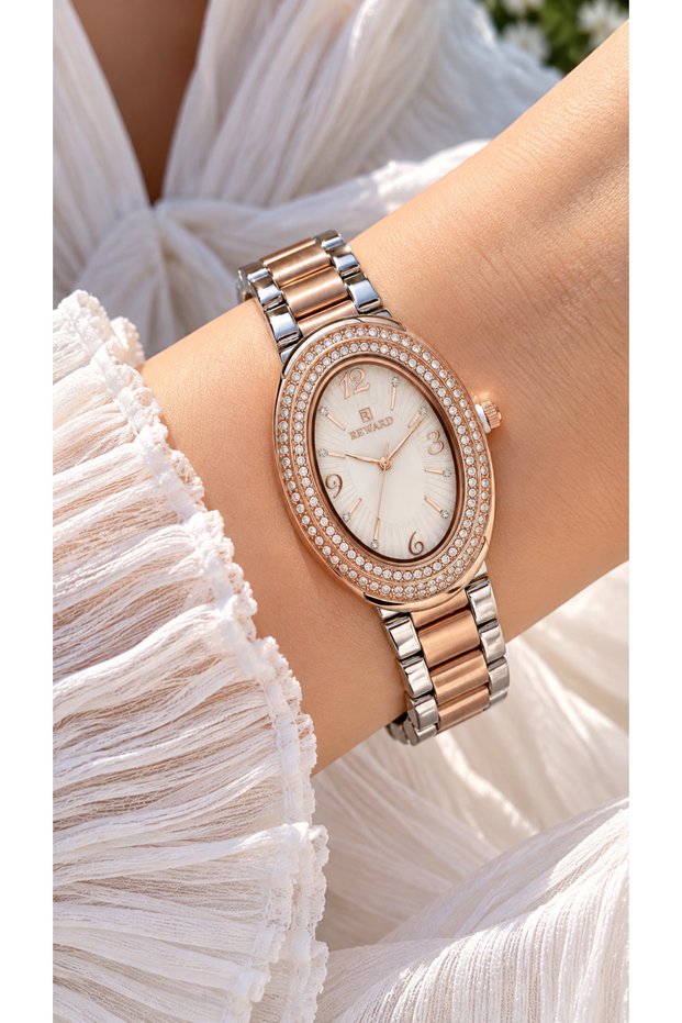 Stone-Embellished Oval Case-Rose Silver Steel Strap-Women's Wristwatch-In Stylish Box