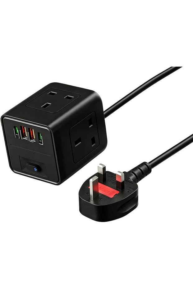 شريط طاقة بـ 7 مقابس بريطانية ومنافذ USB A وC، شحن سريع بقوة 2500 واط