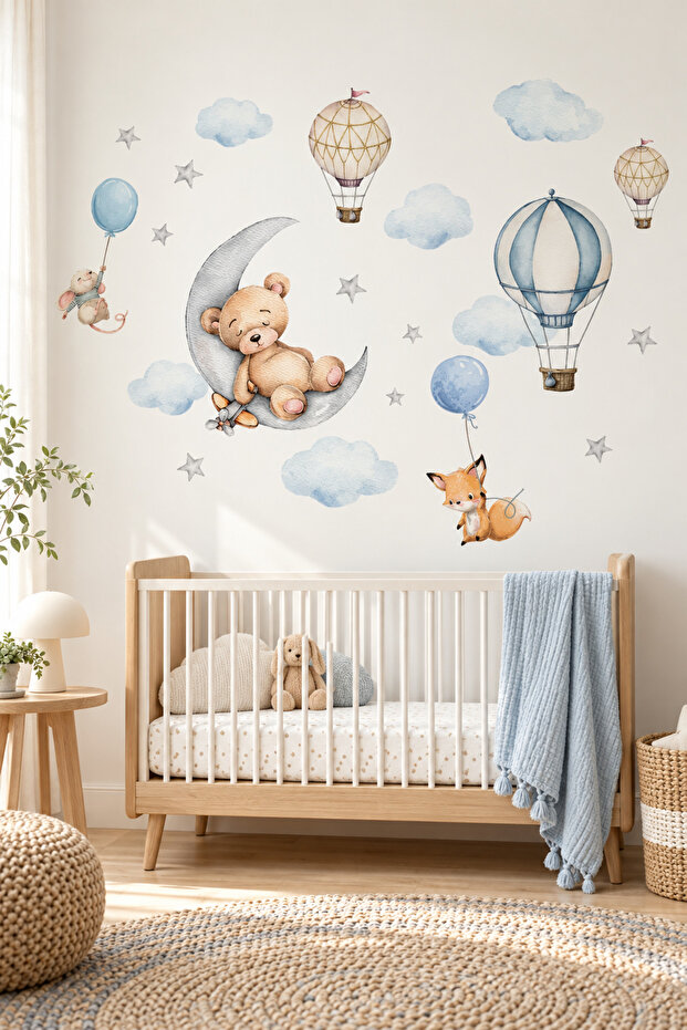 Blue Balloon Teddy Bear, Fox and Mouse Baby Kids Room Wall Sticker Set