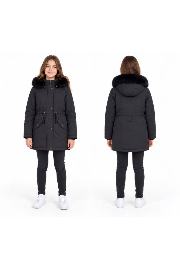 Girls' Plush Lined Detachable Fur Hooded Waist Adjustable Long Parka Coat