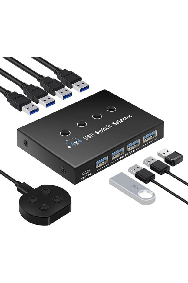 محول USB 3.0 - 4 منافذ للمشاركة بين الأجهزة، الكمبيوتر، لوحة المفاتيح، الماوس - مع جهاز تحكم عن بعد سلكي