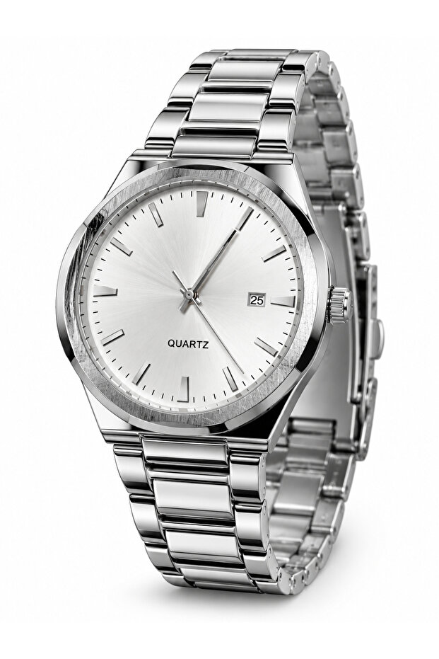 Men's Wristwatch Silver Dial Silver Color Stainless Steel Band Quartz Movement Calendar 3 Atm