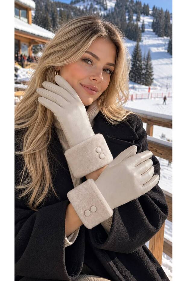 Beige Faux Leather Women's Gloves with Snap Detail