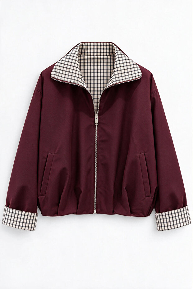 Burgundy Brown Plaid Oversized Bomber Trench Coat
