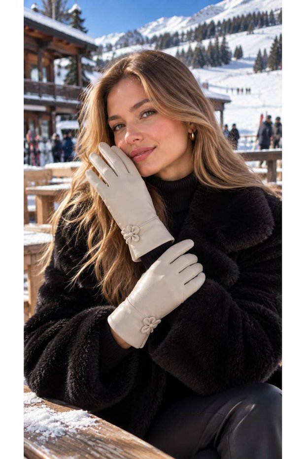 Beige Bow Detailed Faux Leather Women's Gloves