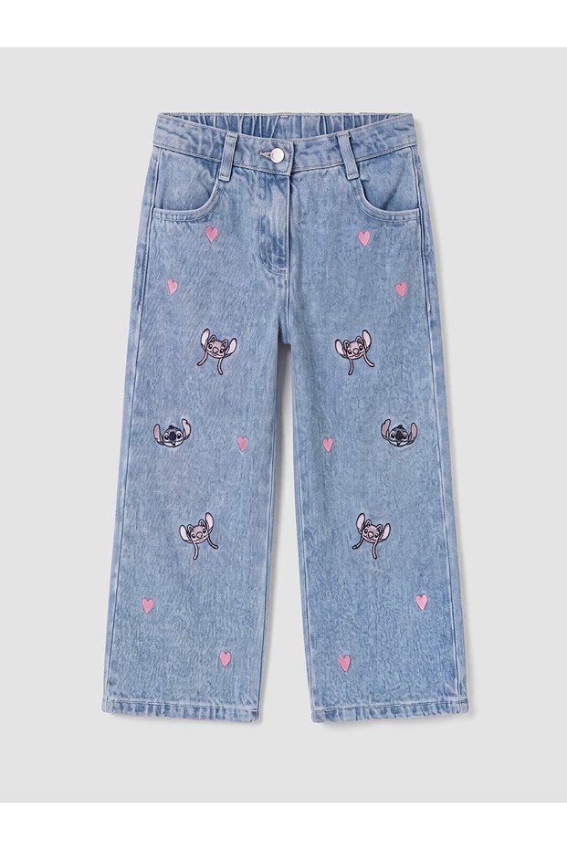 Peak New Season Blue Embroidered Wide-Leg Girls' Jeans.