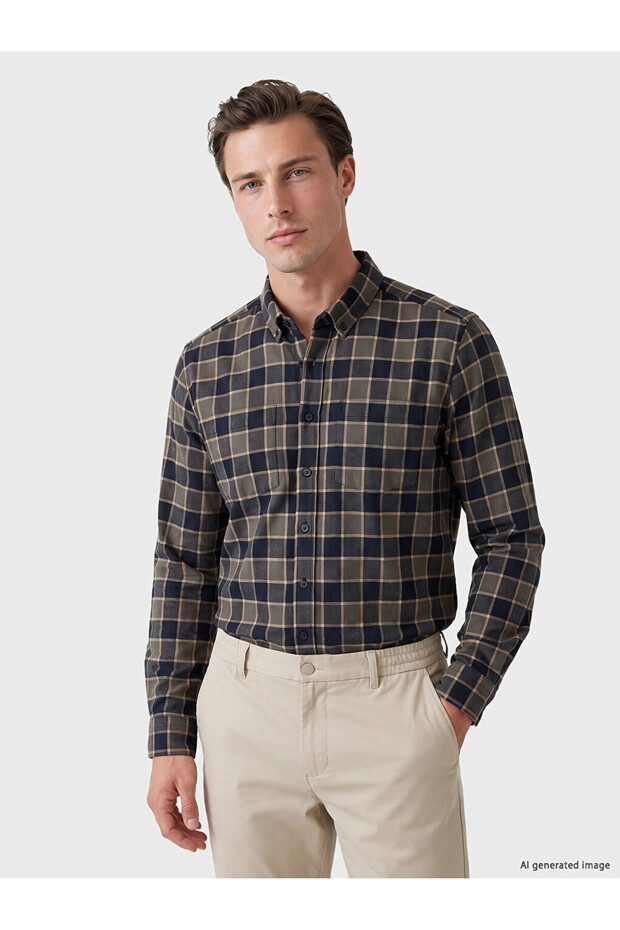 Rmz Gi̇yi̇m Farkiyla Standard Fit Checkered Embroidered Gabardine Men's Shirt