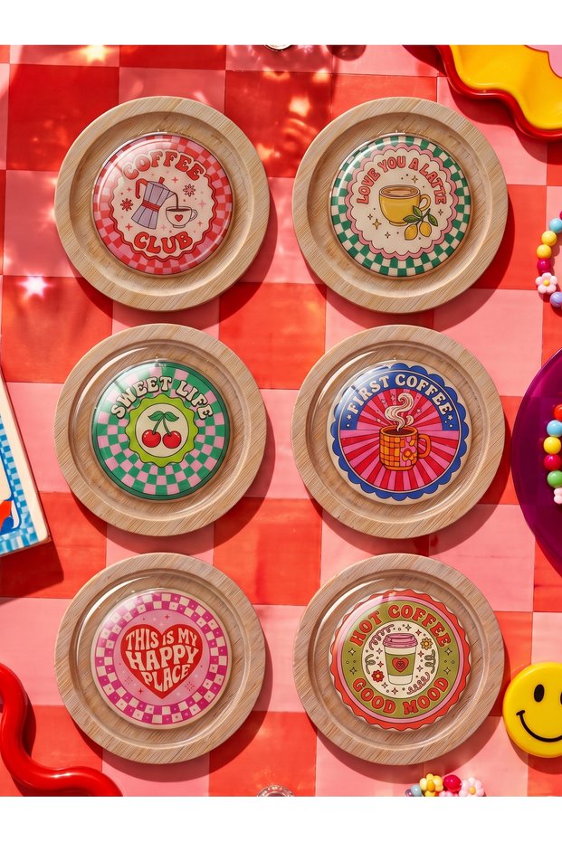Retro Coffee Themed Set of 6 10 cm Bamboo Epoxy Coasters