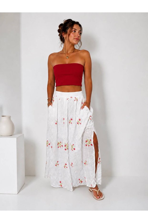 Women's Floral Patterned Skirt with Slit Detail