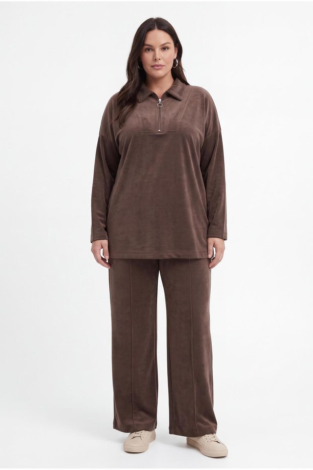 Women's Plus Size Polo Collar Zippered Wide Leg Mink Tracksuit Set