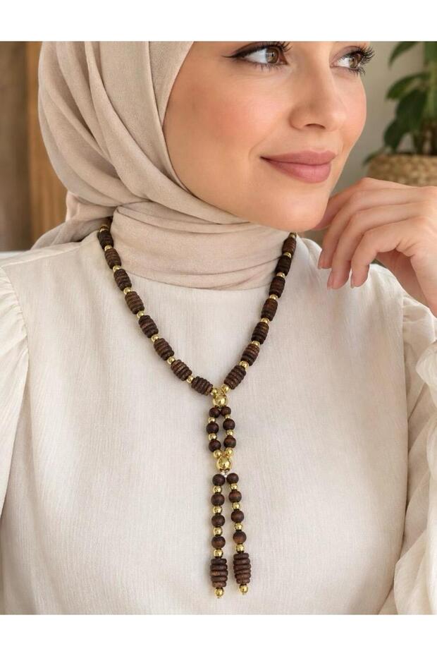 Bohem (C-D) Wooden Pasta Gold Coated Bead Style Necklace Brown