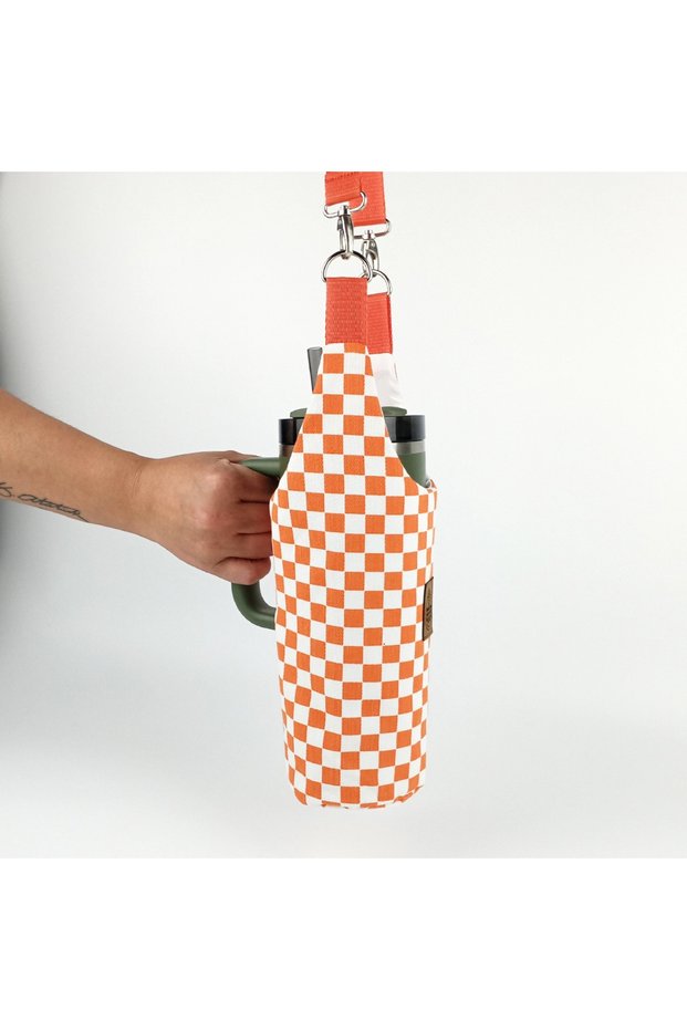 Handmade Orange and White Gingham Thermos Flask Cover with Handle and Straw 1.18
