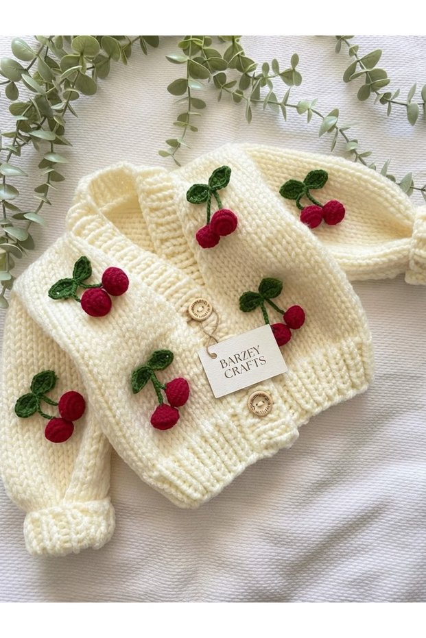 Hand-Knitted Baby/Child Cherry Detailed Cardigan Model