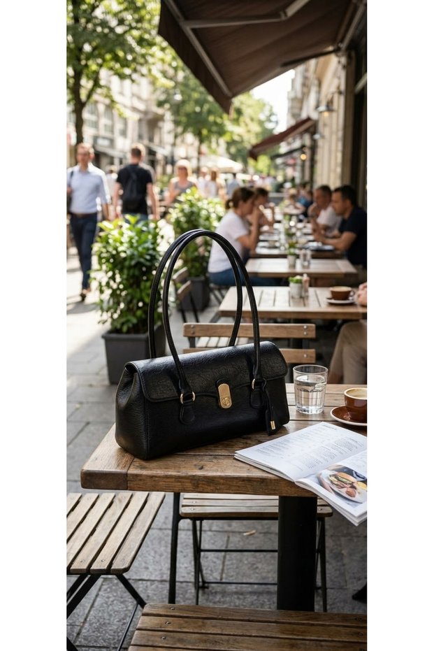 Soft Textured Leather Baguette Bag with Lock Closure