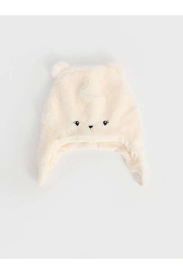 Ecru Teddy Bear Embroidered Plush Baby Girl Snow Hat