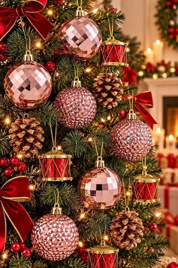 12-Piece Christmas Tree Ornament Set Pink Red Pine Tree Ornaments with Drum Cone Figures and Decorative Christmas Ornaments Christmas Tree Ornament