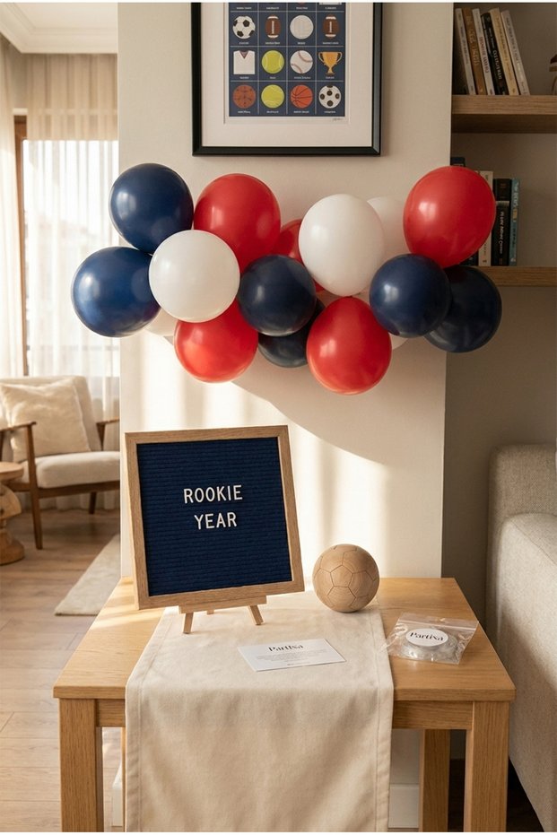 New Year's 1-Year-Old Birthday Decoration Mini Set Dark Blue Felt Writing Board with Stand Balloon Chain Sports Concept