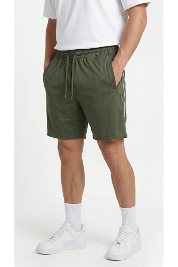 Men's Sports Shorts with Zipper Pocket Detail, Back Piping, Breathable Patterned Fabric, Smoked Grey, Khaki, Navy Blue, Black