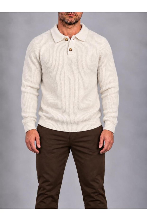 Men's Collared Buttoned Knitwear Sweater Black/Beige/Brown/Stone