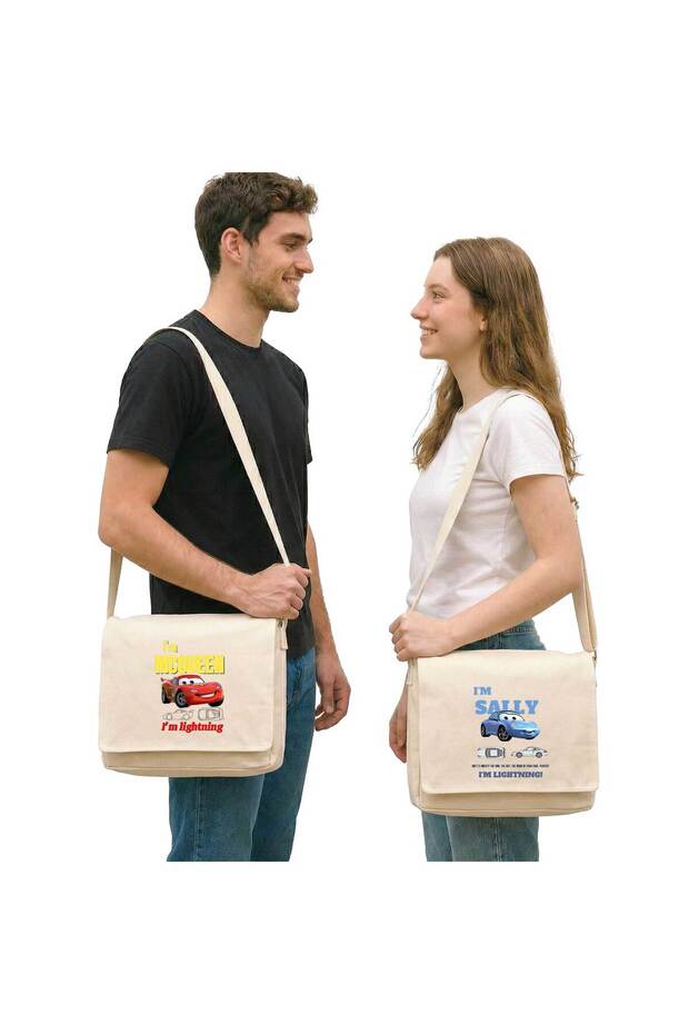 Lightning Mcqueen and Sally Lovers Couple Messenger Bag Canvas Cream Canvas Messenger Bag