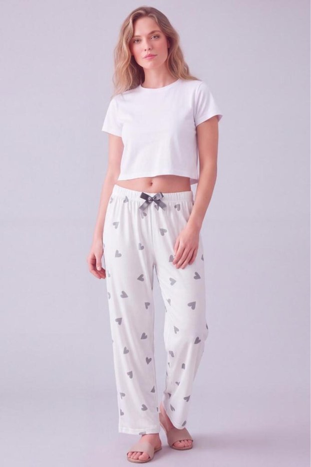 Women's Comfortable Elastic Waist Milan Ribbon Pajama Bottoms with Black and White Hearts