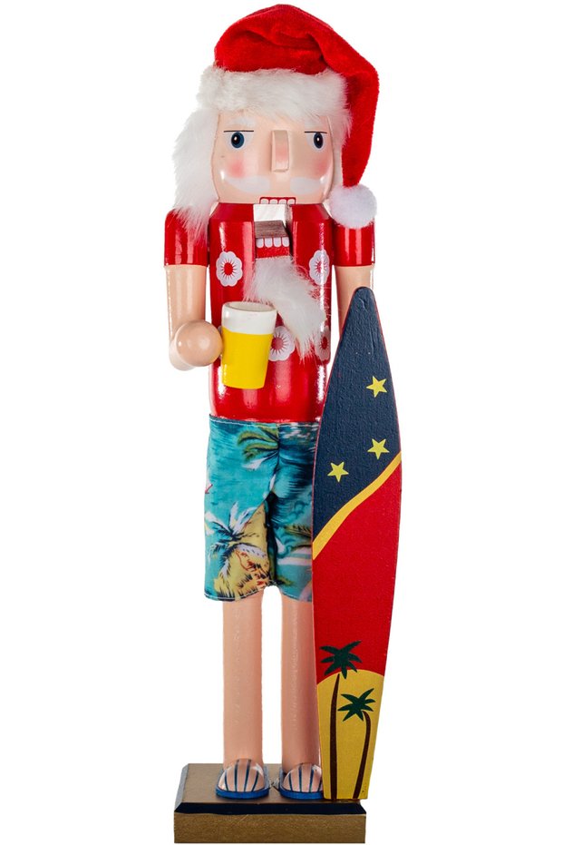 Christmas Ornament Lead Soldier Nutcracker with Surfboard and Christmas Hat Red 38 Cm.