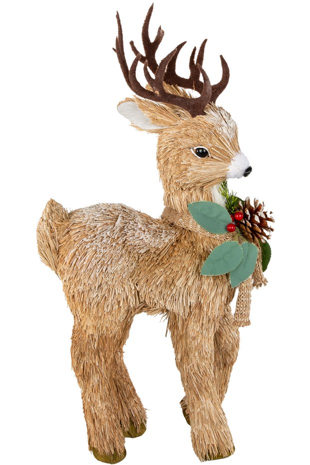 Christmas Ornament Natural Straw Covered Deer Figure with Snow Effect Brown-White 25X38 Cm.