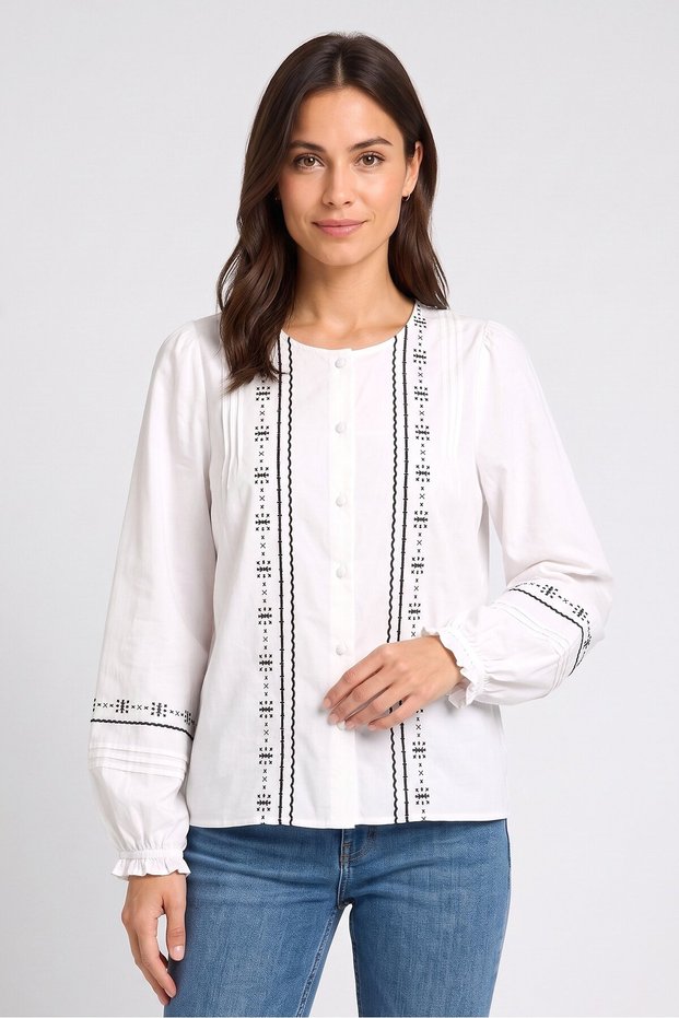 Women Round Neck Long Sleeve Embroidered Shirt, Off White