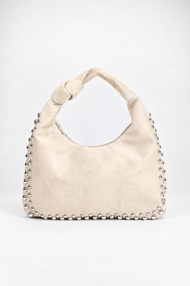 Women's Acacia Suede Handbag with Rivet and Knot Detail, Medium Size, Zipper Closure.