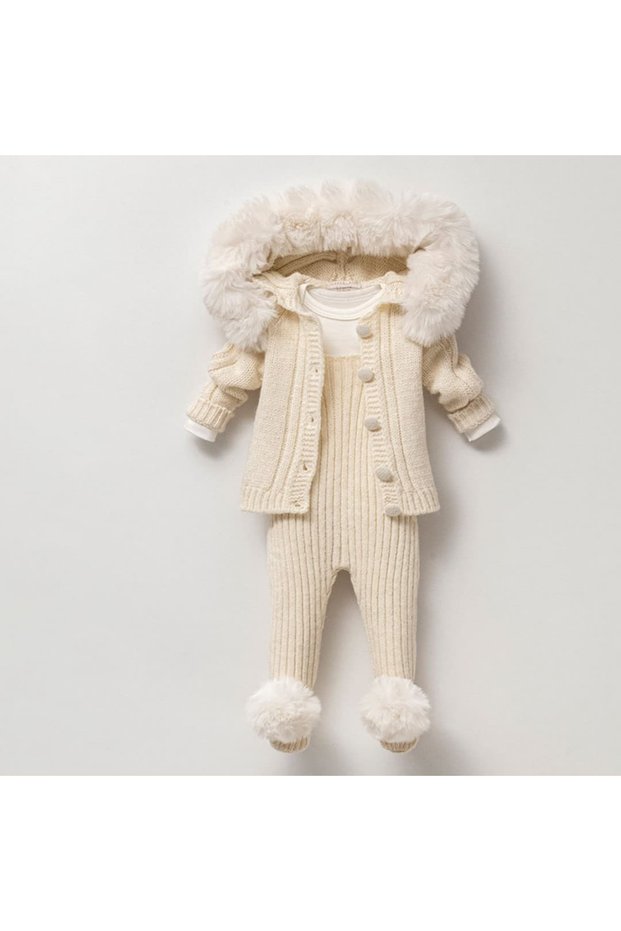 Fur Hooded Knitwear Cardigan, Ribbed Knit Pompom Salopet and Bodysuit 3-Piece Unisex Baby Set