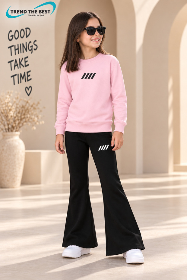 Winter, Spring, and Autumn Girls' Black Spanish Flared Bottoms and Pink Sweat Top