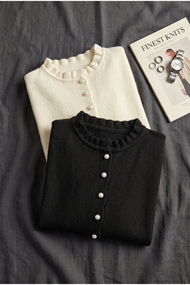 Luxurious Soft Pearl Feather Women's Knitwear Cardigan Black-White 2-Piece Advantage Package