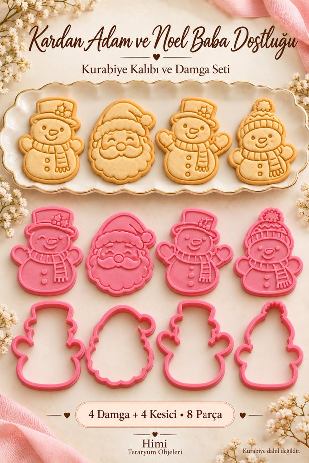 Snowman and Santa Claus Friendship Cookie Cutters and Stamp Set – New Year and Christmas, 8 Pieces