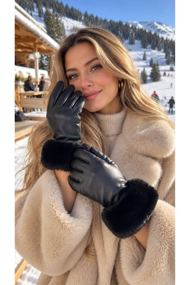 Black Faux Leather Women's Gloves with Fur on the Ankle