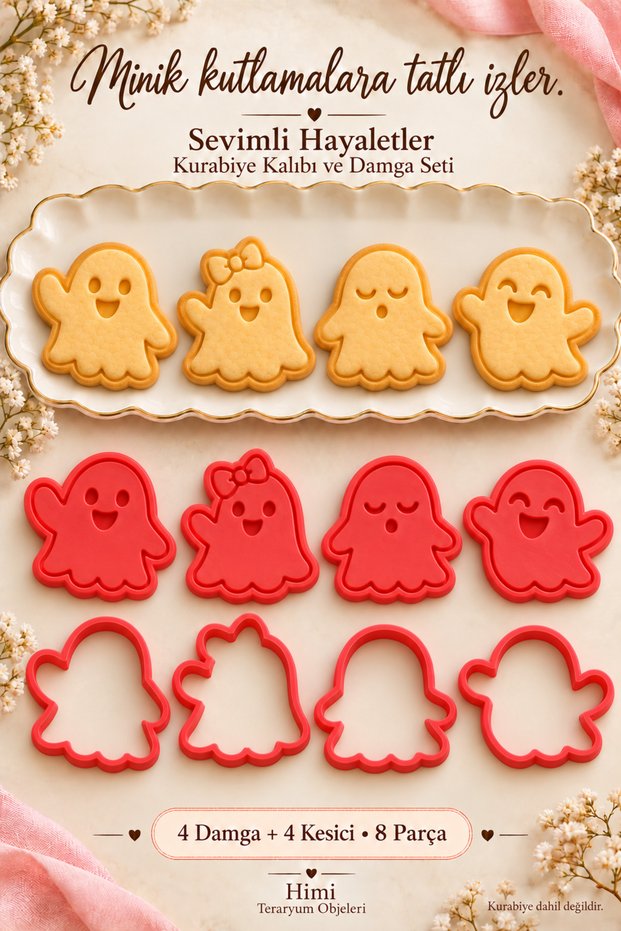 Cute Ghosts Cookie Mold and Stamp Set 4 Motifs 8 Pieces Halloween