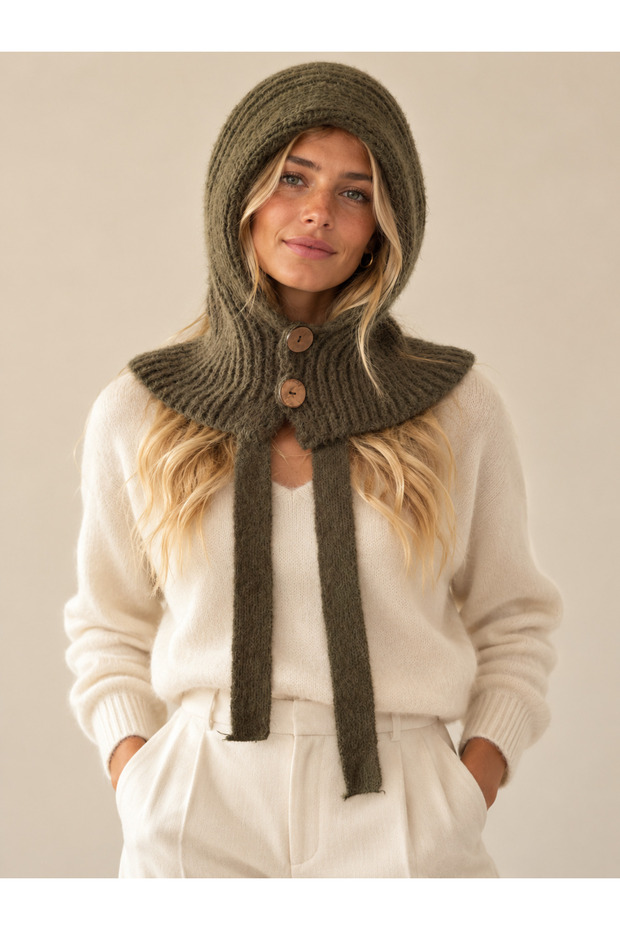 Wool Knitted Balaklava Button Detail - Soft Hat Winter Neck Warmer