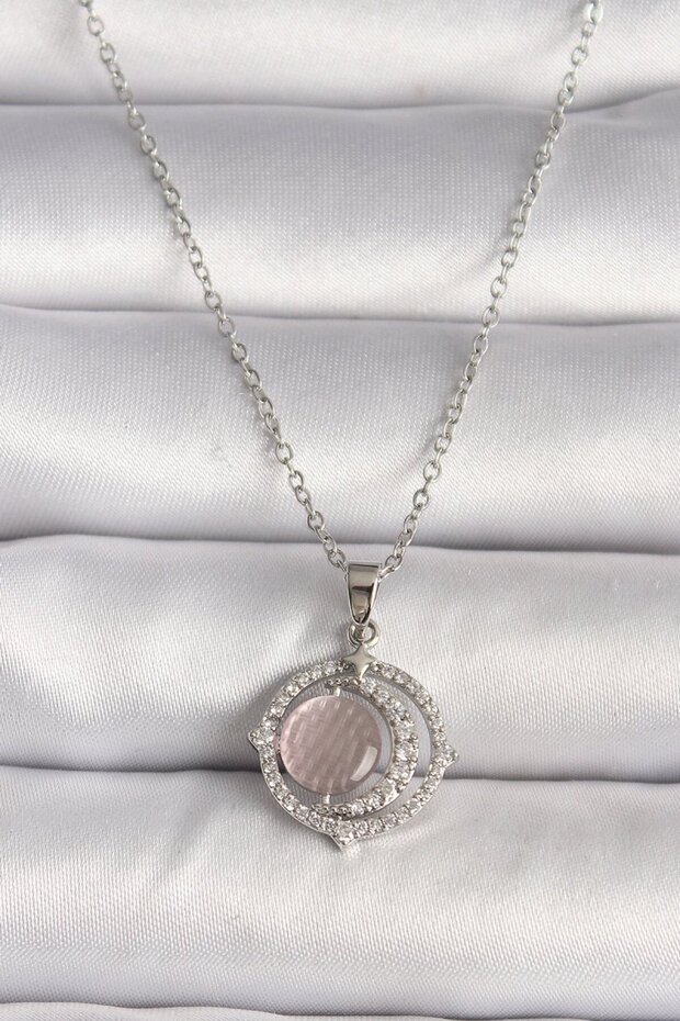 316L Steel Silver Color Zircon Stone Pink Pearlescent Crescent Model Women's Necklace