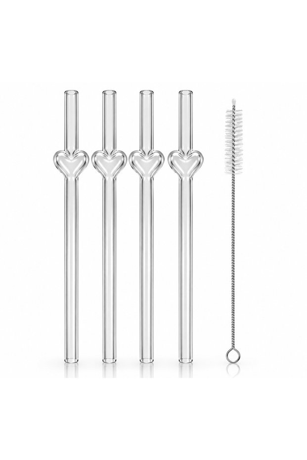 Aşkan'A 4-Piece Heart-Shaped Glass Straw Set 20 cm – Red, Reusable, with Cleaning Brush, 5 Pieces