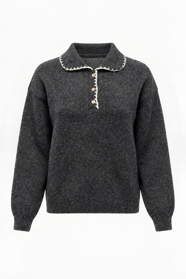Women's Anthracite Embroidery and Button Detailed Polo Collar Soft Textured Sweater