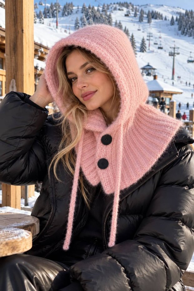 Pink Soft Textured Wool Knitwear Buttoned Women's Balaclava Neck Collar